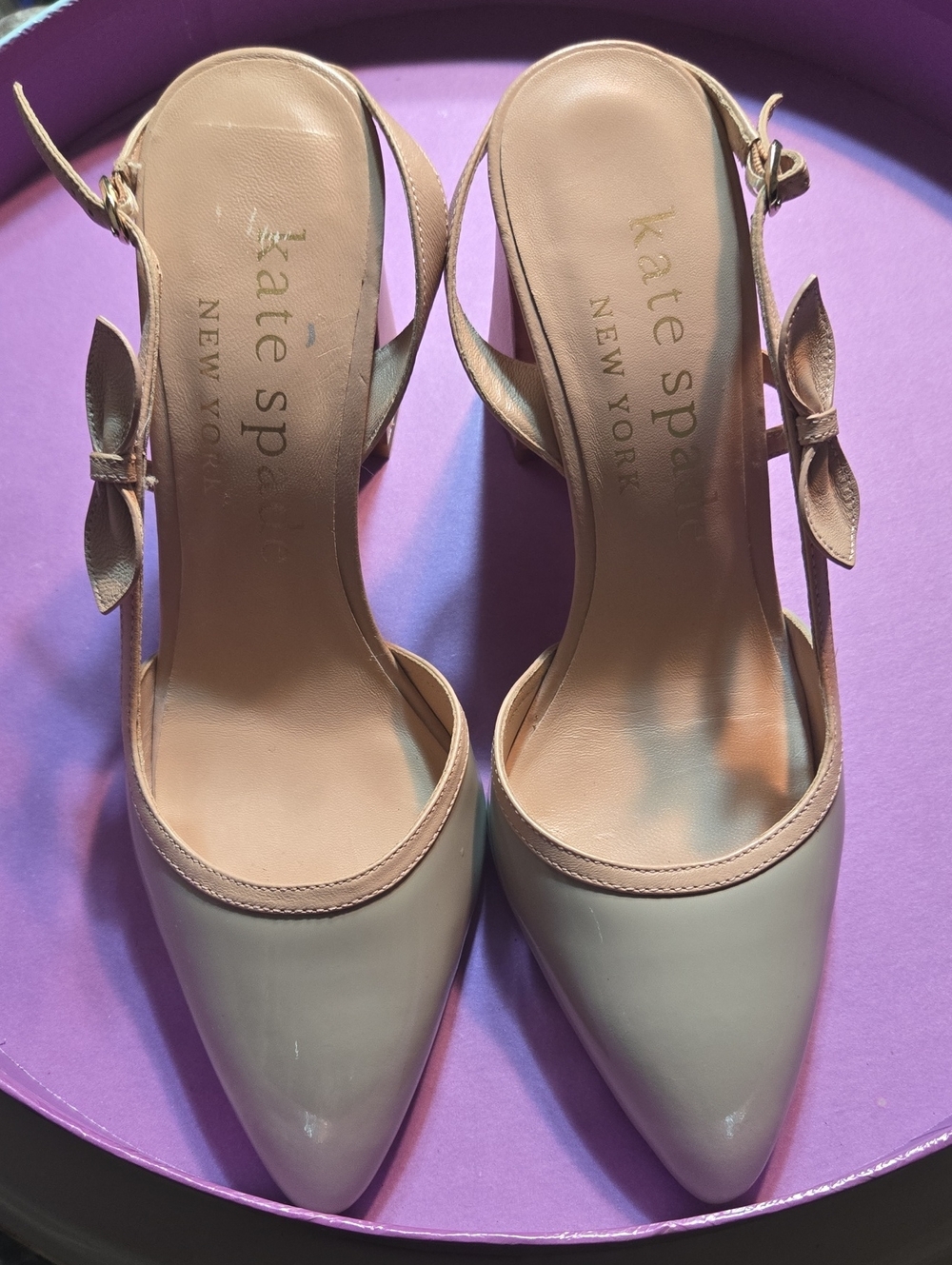 kate spade Blush Patent Pointed Toe Slingback Heels with Bow